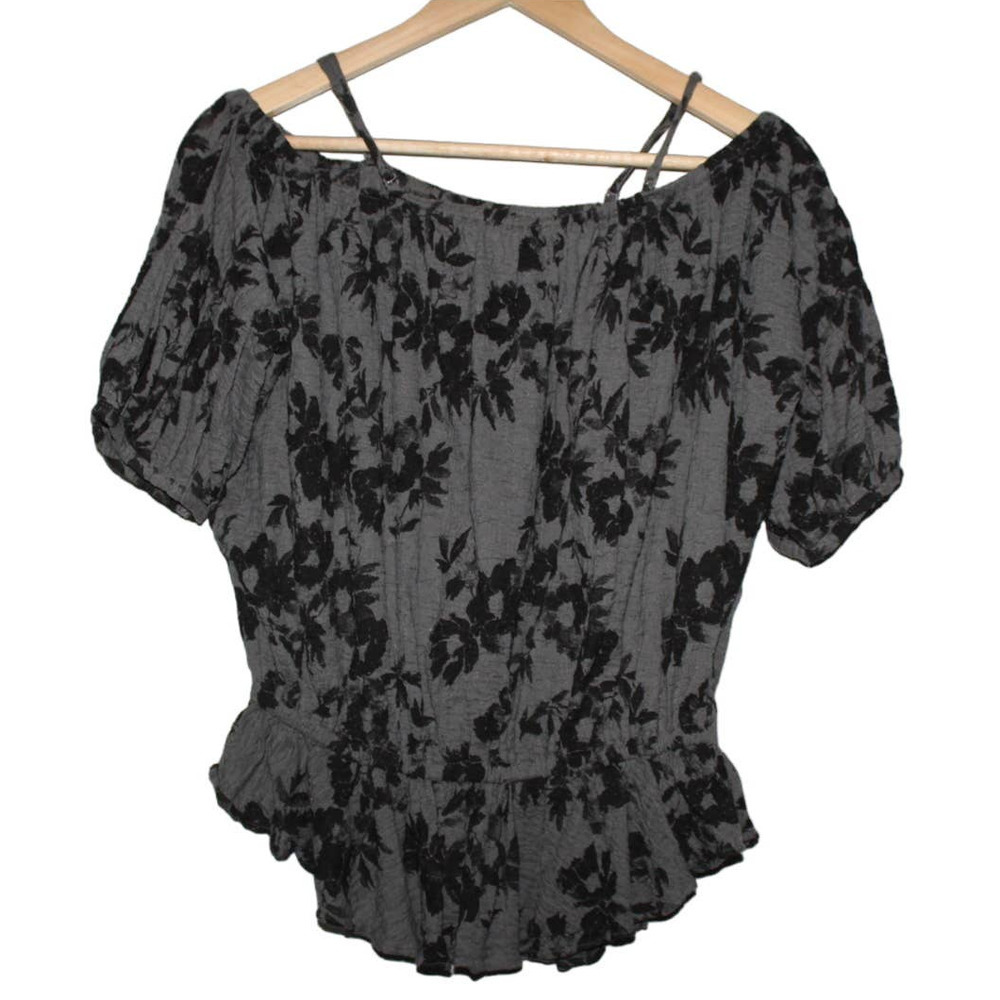 Women's Free People Gray Black Floral Elastic Crop Top Short Sleeve Shirt Size S